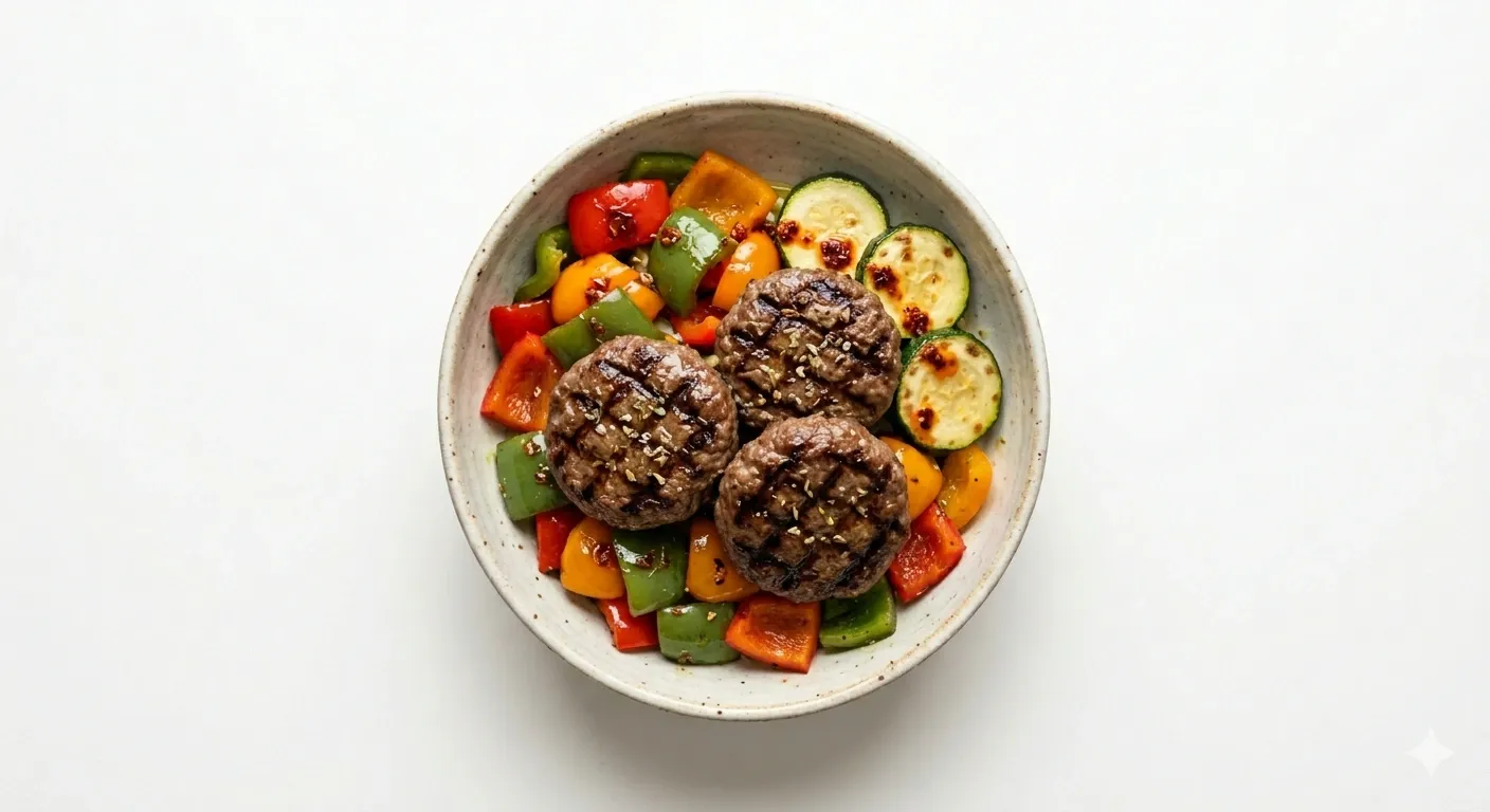 Wagyu Beef Burger Bowl With Bell Pepper And Zucchini Coins